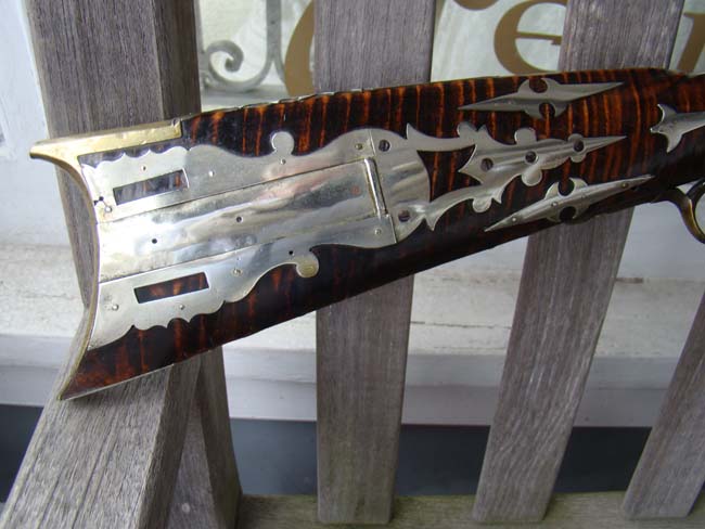An impressive tiger-maple half-stock silver mounted percussion Frontier Rifle by William McCleland of Naffanees, Indiana, circa 1860-1862. — image 3